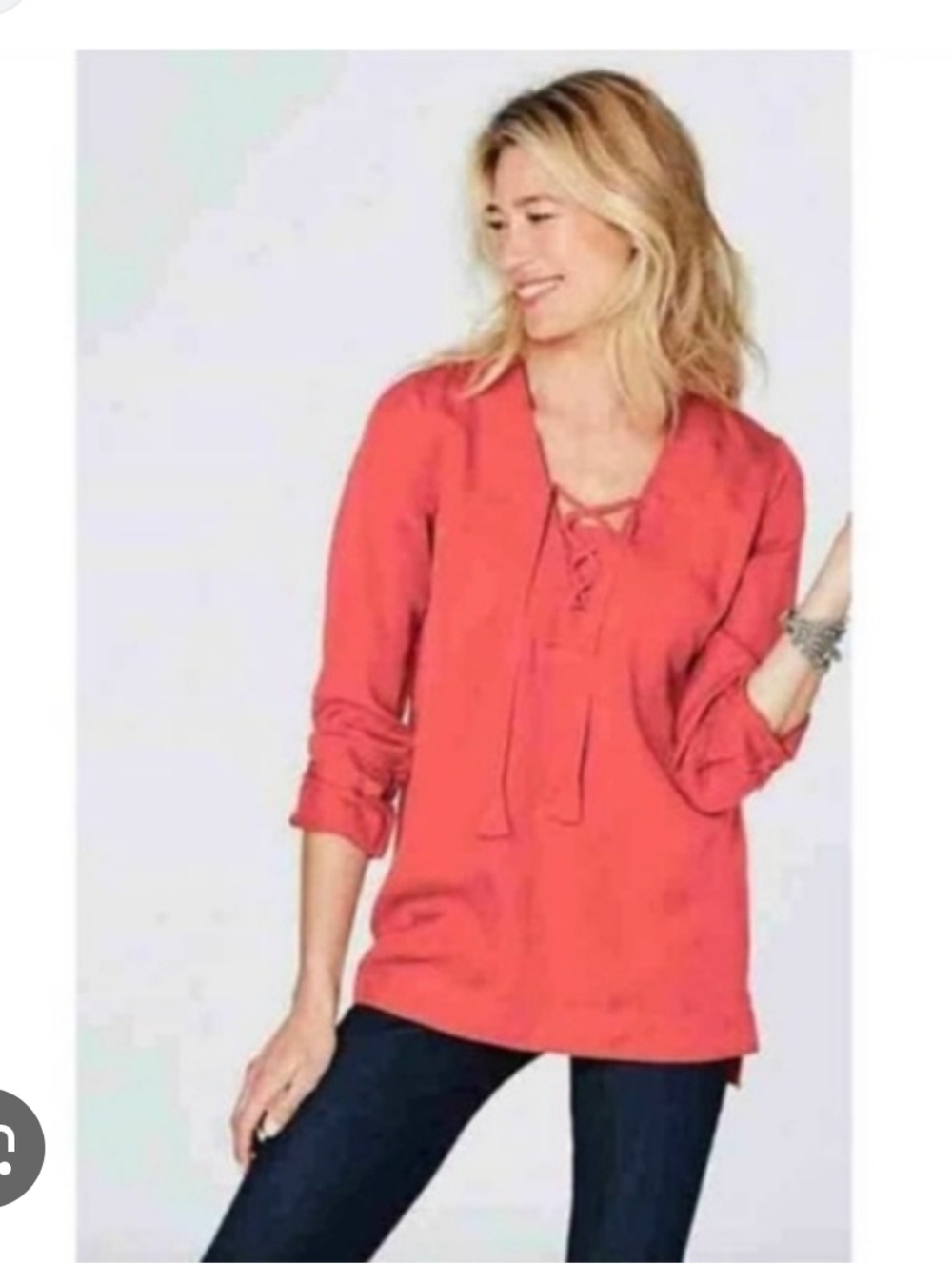 Soft Surroundings Women’s Lace-Up V-Neck Blouse in Coral Size Small